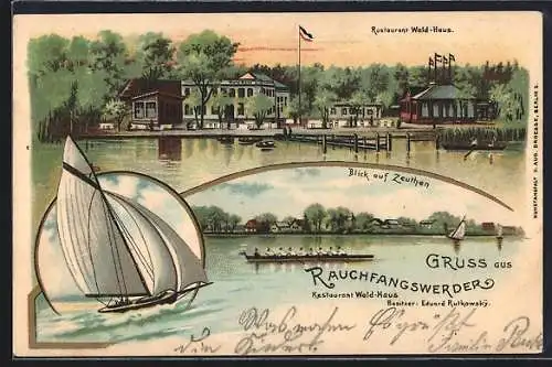 Lithographie Berlin-Rauchfangswerder, Restaurant Wald-Haus, Blick auf Zeuthen