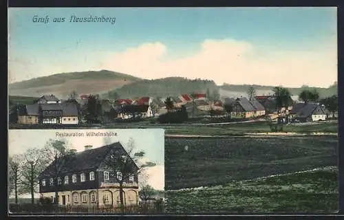 AK Neuschönberg, Restaurant Wilhelmshöhe, Panorama mit Hügellandschaft