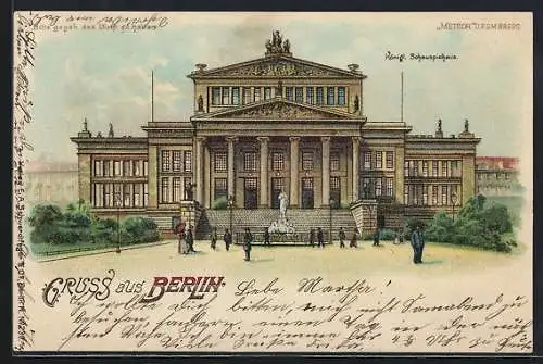 Lithographie Berlin, Königl. Schauspielhaus, Gendarmenmarkt, Leuchtende Fenster und Vollmond bei Halt gegen das Licht