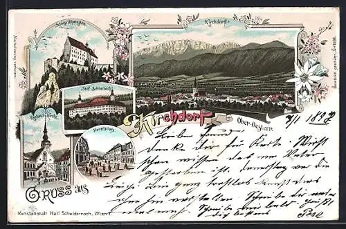 Lithographie Kirchdorf, Ansichten Hauptplatz und Stift Schlierbach