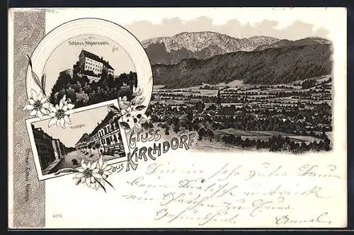 Lithographie Kirchdorf, Marktplatz, Schloss Alpernstein, Panorama mit Kirche und Bergmassiv