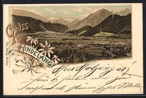 Lithographie Hindelang, Totalansicht der Ortschaft