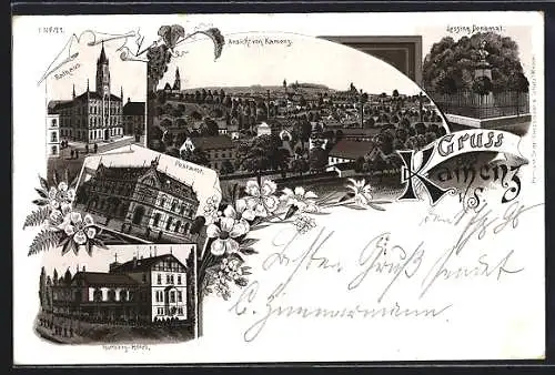 Lithographie Kamenz, Hutberg-Hotel, Postamt, Lessing-Denkmal, 5 gerahmte Ansichten, Wein, Blumenverzierung