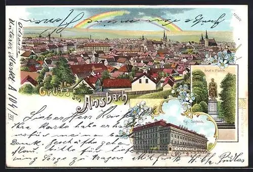 Lithographie Ansbach, Kgl. Schloss, Denkmal Graf von Platen, Gesamtansicht mit Regenbogen