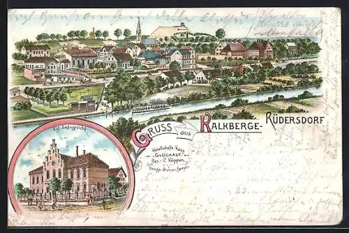 Lithographie Kalkberge-Rüdersdorf, Kgl. Amtsgericht, Ortsansicht mit dem Gesellschaftshaus Glückauf v. C. Köppen