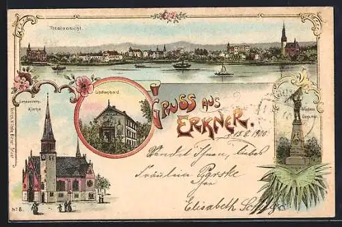 Lithographie Erkner, Lindenbad, Friedensdenkmal, Genezareth-Kirche und Total