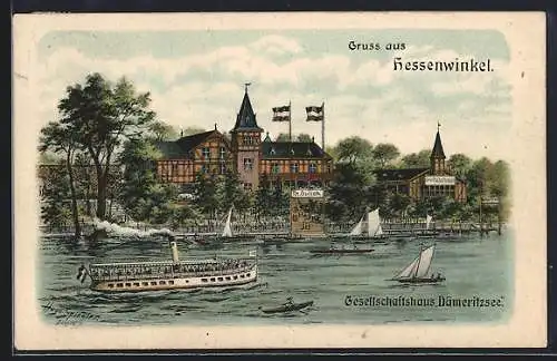 Lithographie Berlin-Hessenwinkel, Gasthaus Dämeritzsee, Wasserpartie mit Dampfer und Seegelbooten