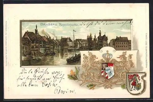 Passepartout-Lithographie Bamberg, Regnitzpartie, Wappen