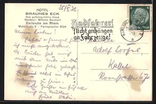 AK Karlsruhe, Strassenpartie am Hotel Braunes Eck