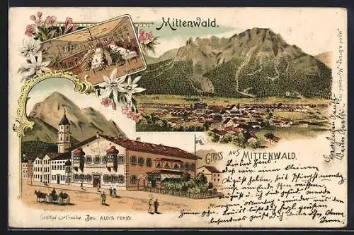Lithographie Mittenwald, Gasthof zur Traube v. Alois Terne mit Speisesaal, Ortsansicht gegen den Berg