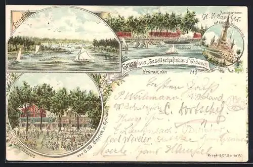 Lithographie Grünau, Gasthaus v. C. W. Ohlrich, Aussichtsturm auf den Müggelbergen