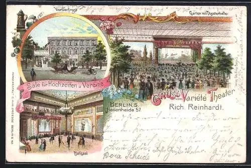 Lithographie Berlin-Kreuzberg, Variété Theater, Hasenheide 57, Garten mit Theaterhalle, Ballsaal, Vorderfront