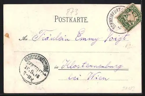 Lithographie Schweinfurt, Ortsansicht über die Wehr