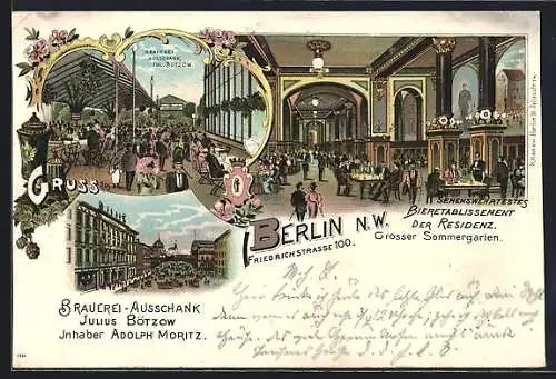 Lithographie Berlin, Gasthaus & Brauerei-Ausschank Julius Bötzow v. Adolph Moritz, Friedrichstrasse 100, mit Innenansicht