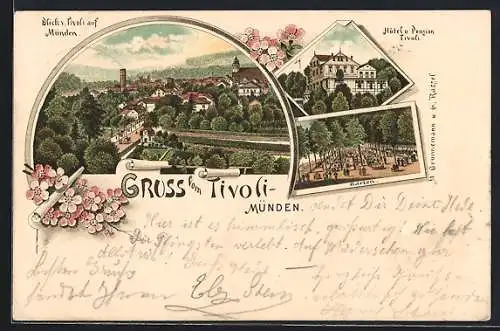 Lithographie Münden / Hann., Hotel Tivoli, Garten, Totalansicht