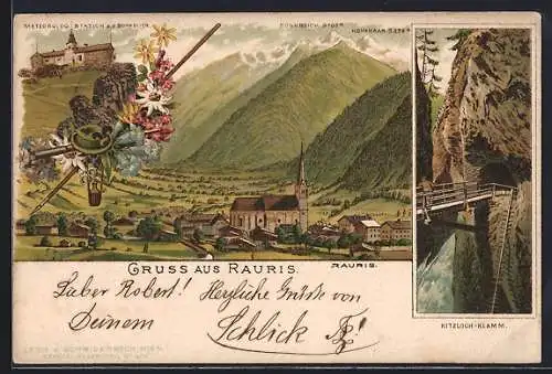 Vorläufer-Lithographie Rauris, 1894, Ortsansicht, Meteorologische Station auf dem Sonnblick, Kitzloch-Klamm