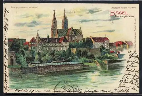 Lithographie Basel, Pfalz mit Muenster, Halt gegen das Licht: Vollmond