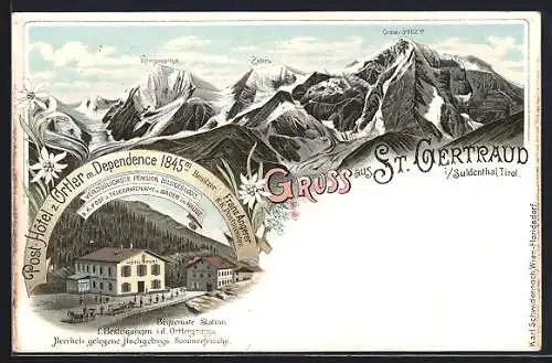 Lithographie St. Gertraud, Post-Hotel z. Ortler von Franz Angerer, Königsspitze, Zebru, Ortler