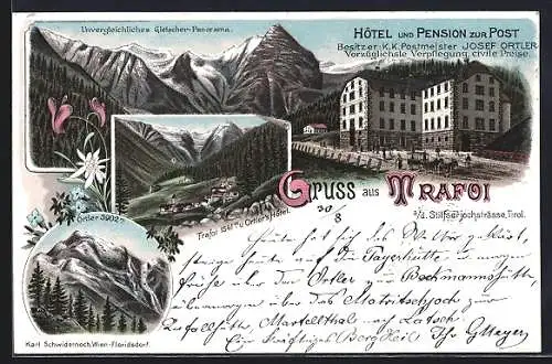 Lithographie Trafoi, Gesamtansicht mit Hotel und Pension zur Post