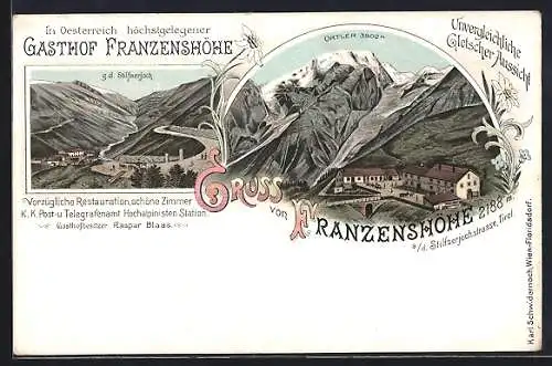 Lithographie Franzenshöhe a. d. Stilfserjochstrasse, Gasthof und Stilfserjoch, Ortler