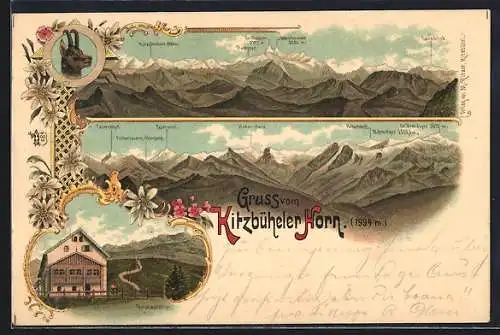 Lithographie Kitzbühler Horn, Panorama mit Glocknerwand, Kitzsteinhorn, Tannblick u. Gr. Blockner, Restauration