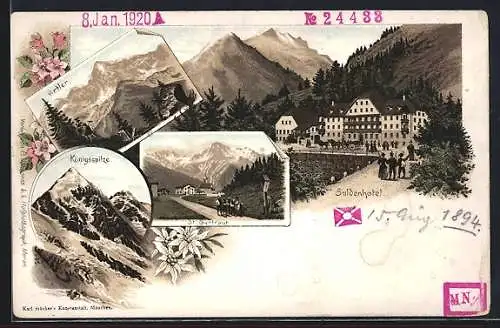 Lithographie Sulden, Suldenhotel, Königsspitze, Ortler