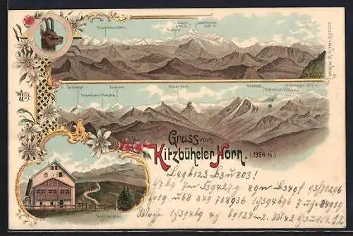 Lithographie Kitzbühler Horn, Panorama mit Glocknerwand, Kitzsteinhorn, Tannblick u. Gr. Blockner, Restauration