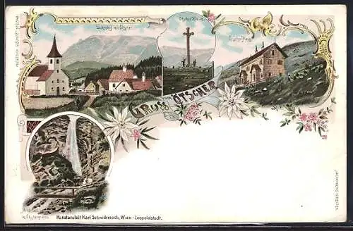 Lithographie Lackenhof am Ötscher, Ötscher-Kreuz, Ötscher-Haus, Mira-Fall