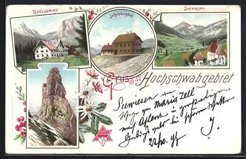 Lithographie Seewiesen, Gasthaus Bodenbauer, Schiestelhaus, Ortsansicht