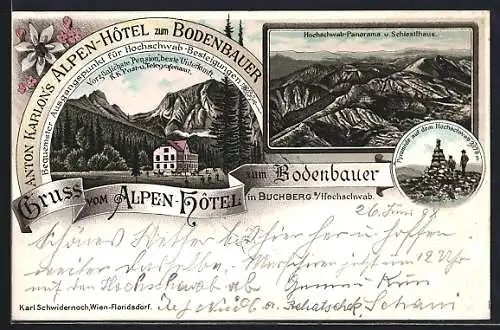 Lithographie Thörl /Hochschwab, Buchberg, Hotel zum Bodenbauer A. Karlon, Pyramide auf dem Hochschwab, Bergpanorama