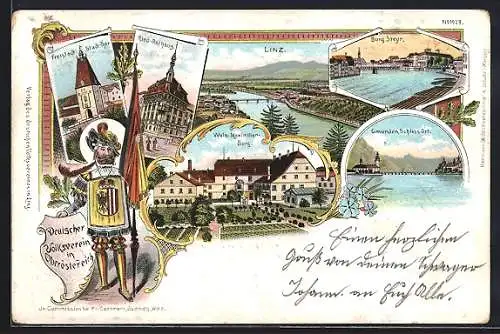 Lithographie Linz, Gesamtansicht, ried-rathaus, Freistadt Stadt-Tor, Burg Steyr, Gmunden Schloss Ort, Maximilian-Burg