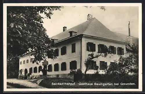 AK Gmunden /Salzkammergut, Gasthaus Baumgarten mit Pferdekarren