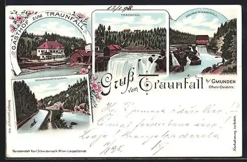 Lithographie Roitham am Traunfall, Traunfall, Gasthof zum Traunfall, Schifffahrtskanal