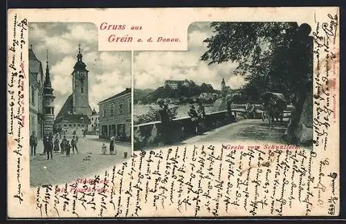 AK Grein, Stadtplatz mit Pfarrkirche, Ortsansicht vom Schwalleck