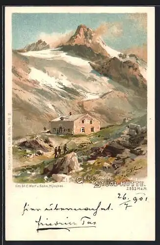 Künstler-AK Edward Theodore Compton: Studl-Hütte mit Bergsteiger & Bergpanorama