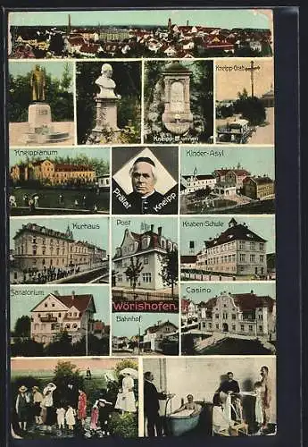 AK Wörishofen, Kneippianum, Kneipp-Brunnen, Kinder-Asyl, Kurhaus, Knaben-Schule, Sanatorium, Casino, Bahnhof