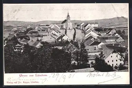 AK Litschau, Ortspanorama mit Kirche aus der Vogelschau