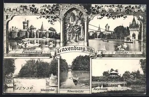 Künstler-AK Laxenburg, Franzensburg, Überfuhr, Wasserfall, Römerbrücke