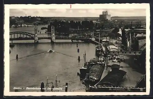 AK Stettin, Baumbrücke mit Getreidesilo