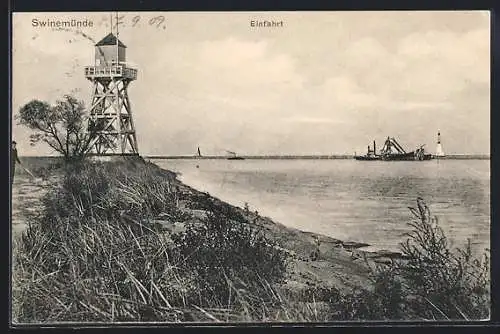 AK Swinemünde, Einfahrt in den Hafen, Aussichtsturm, Leuchtturm