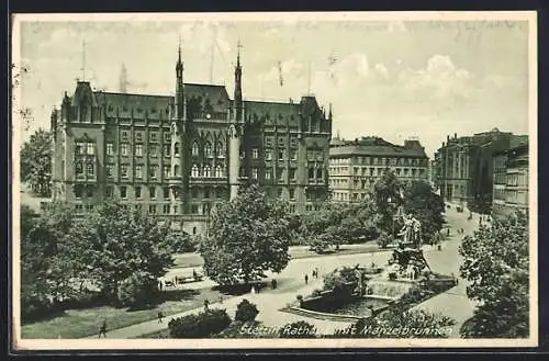 AK Stettin, Rathaus mit Manzelbrunnen