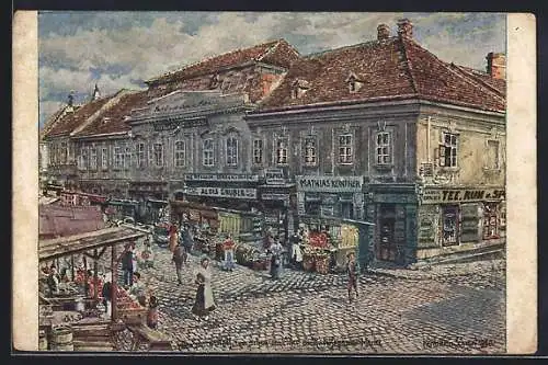 Künstler-AK Alt-Wien, Gasthof zum schwarzen Adler, Rudolfsheimer Markt