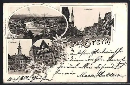 Lithographie Steyr, Stadtplatz, Rathaus, Hotel zum Löwen