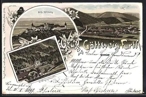 Lithographie Göttweig-Furth, St. Blasius-Kapelle, Stift Göttweig, Gesamtansicht