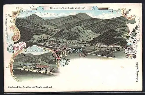 Lithographie Gutenstein, Ortsansicht mit Vorderbrücke und Bahnhof, Gasthof zur Weintraube