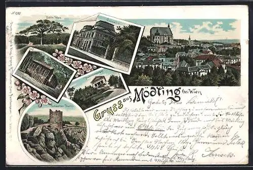 Lithographie Mödling, Ortsansicht, Cursalon, Husarentempel