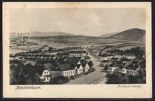 Künstler-AK Atzenbrugg /N.-Oe., Moosbierbaum, Totalansicht gegen die Berge