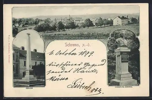 AK Schrems /N.-Ö., Obelisk, Hamerling-Denkmal, Totalansicht