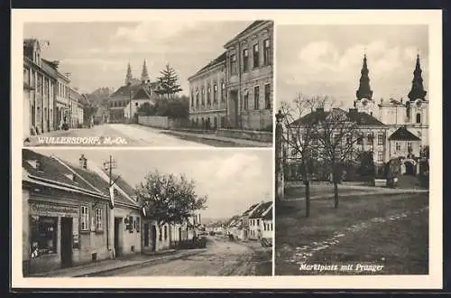 AK Wullersdorf /N.-Oe., Gemischtwarenhandlung Friedrich Hammer, Marktplatz mit Pranger