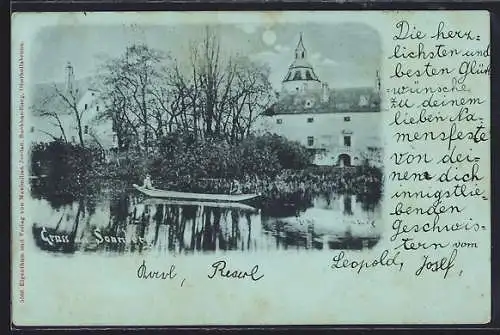 Mondschein-AK Hollabrunn, Gruss aus Sonnberg, Ortspartie